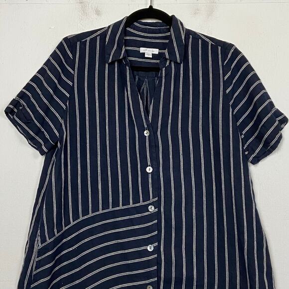 J. Jill Love Linen Navy Blue Striped Shift Dress Pockets Button Front Size Small - Picture 2 of 12